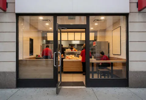Modern fast food restaurant exterior with open glass door revealing a warm interior with tables, customers, and staff working inside.