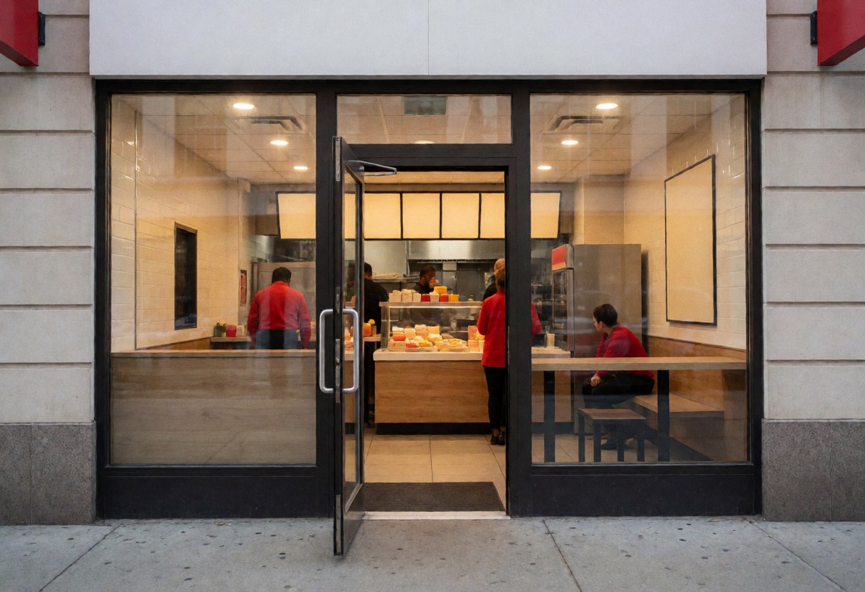 Modern fast food restaurant exterior with open glass door revealing a warm interior with tables, customers, and staff working inside.