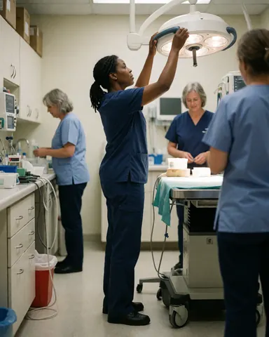 Veterinary assistant adjusting overhead surgical lights in a clean, professional operating room with medical equipment and staff.