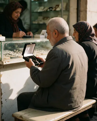 A happy older man with a beard sits on a bench looking at a necklace in a black box inside a jewelry store.