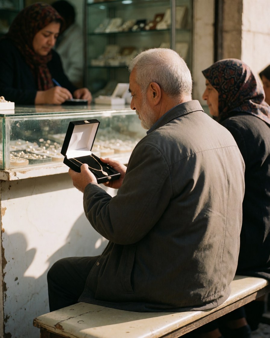 A happy older man with a beard sits on a bench looking at a necklace in a black box inside a jewelry store.