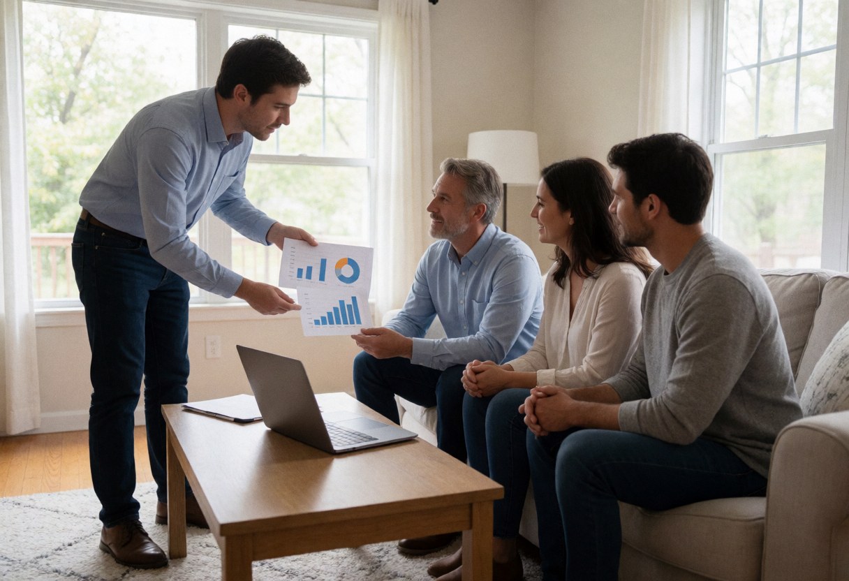 An insurance agent shows graphs to a couple sitting on a sofa with a laptop on the table in a bright living room.