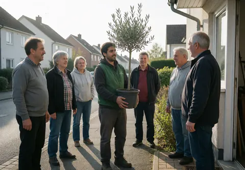 Worker delivering a potted tree to a customer at their front door on a residential street in morning light