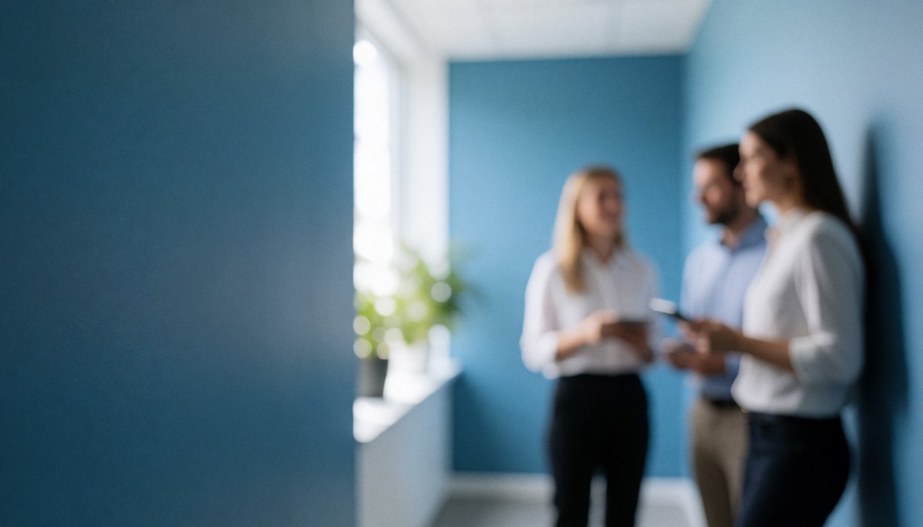Bright office corridor with blue walls and three blurred figures conversing in a professional setting