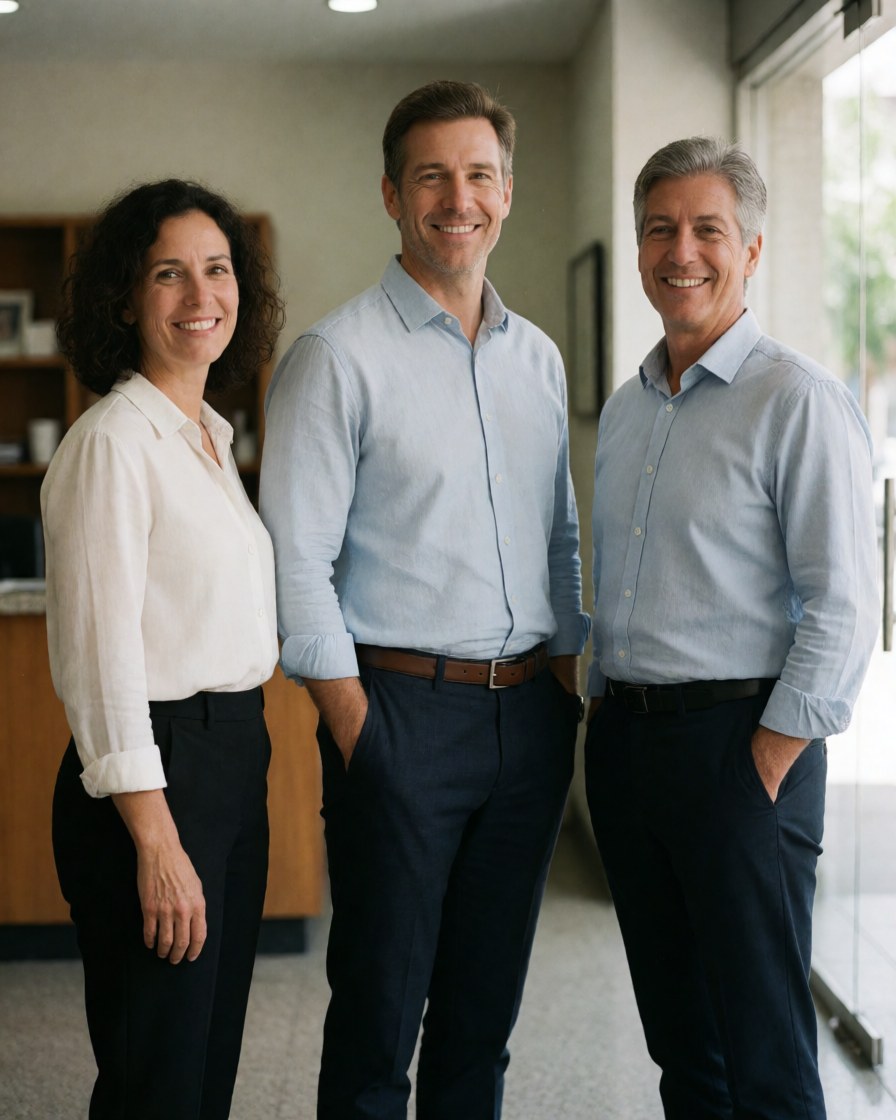 Three smiling adults in business attire standing in an office near a bookshelf and window