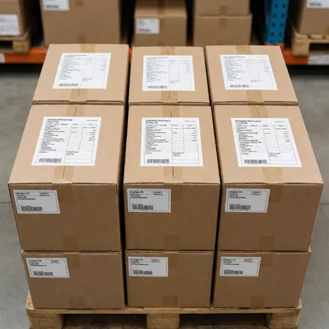 Stacked cardboard boxes prepared for dispatch in a logistics center with shipping labels and pallets on the floor