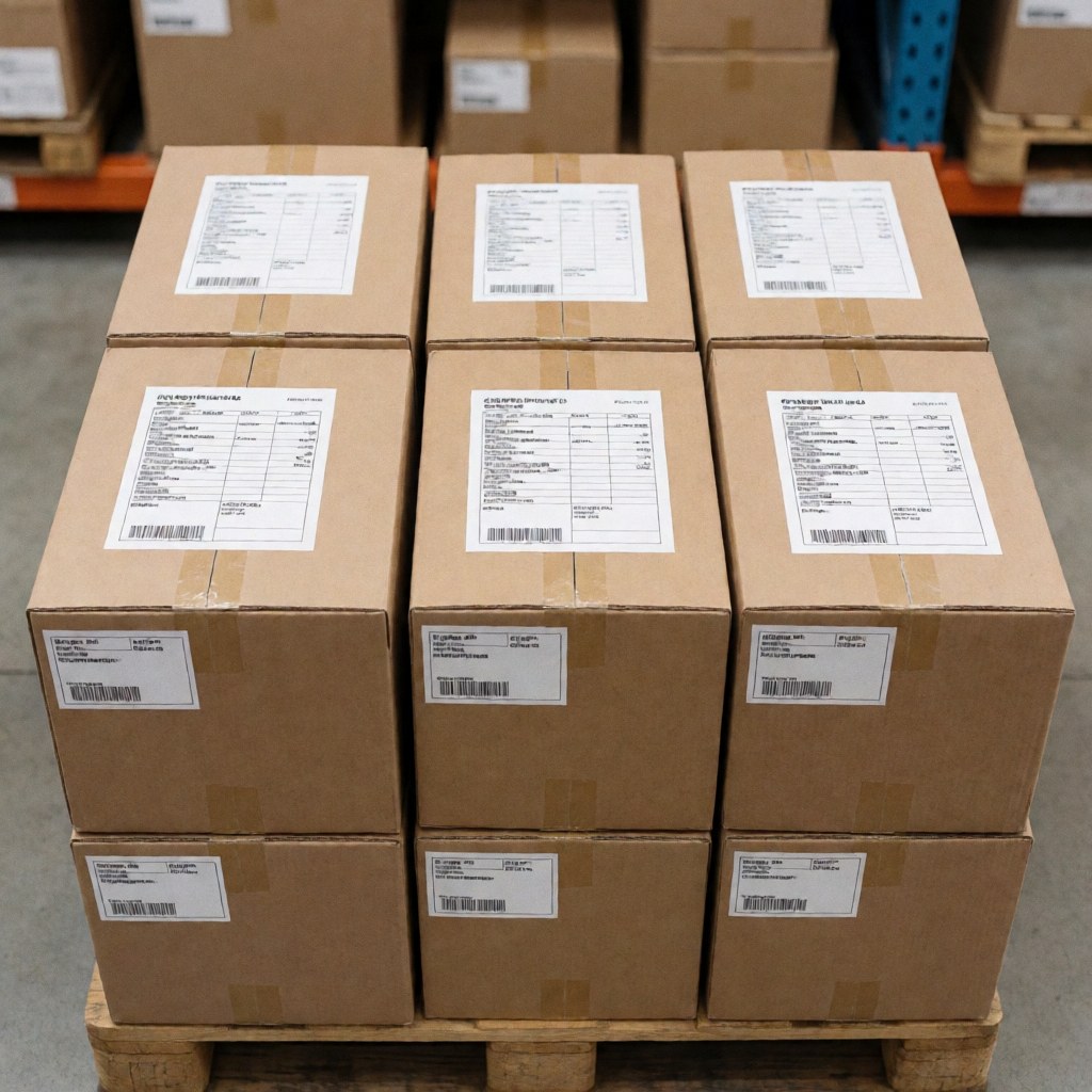 Stacked cardboard boxes prepared for dispatch in a logistics center with shipping labels and pallets on the floor