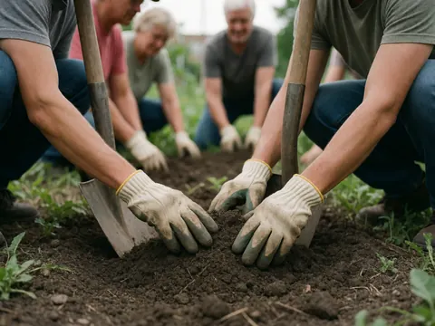 Close-up of gloved hands digging in garden soil with shovels nearby during community urban gardening work