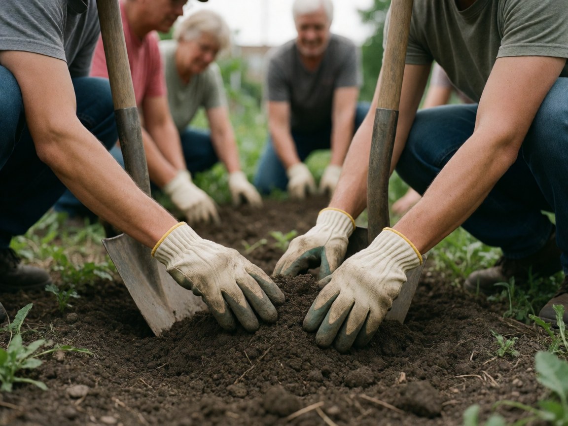 Close-up of gloved hands digging in garden soil with shovels nearby during community urban gardening work