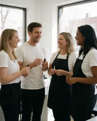 Four smiling nail technicians standing together in a bright salon with natural light and nail products visible
