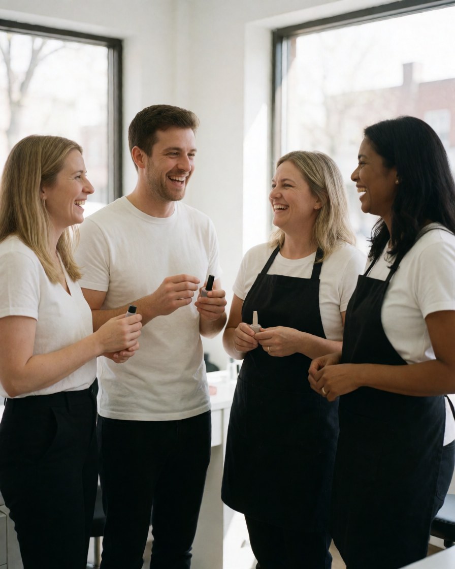 Four smiling nail technicians standing together in a bright salon with natural light and nail products visible