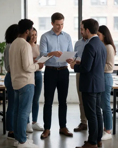 Group of professionals reviewing documents in a modern office with large windows, dressed in casual and formal attire, engaged in a collaborative conversation.