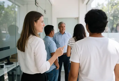 A woman leads new members through a modern office with glass walls and natural light