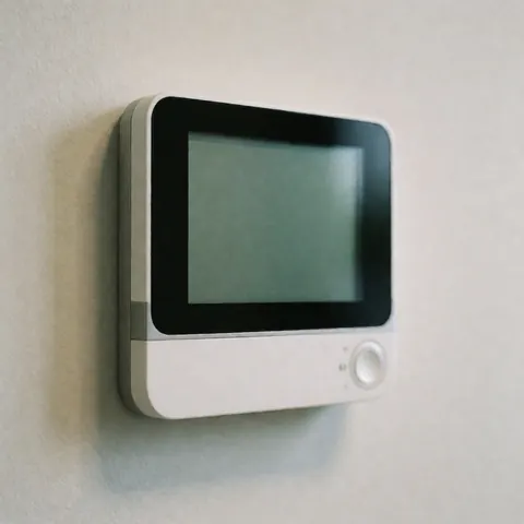 Minimalist smart thermostat with touch screen and rotary dial mounted on a white wall, professional lighting for commercial use