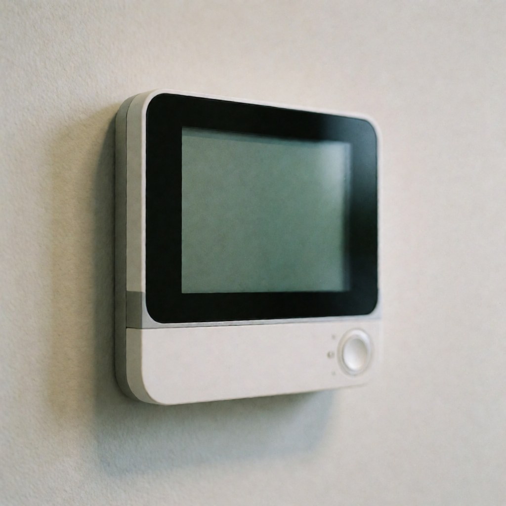 Minimalist smart thermostat with touch screen and rotary dial mounted on a white wall, professional lighting for commercial use