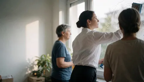 Three women working together cleaning a window with cleaning tools inside a room.
