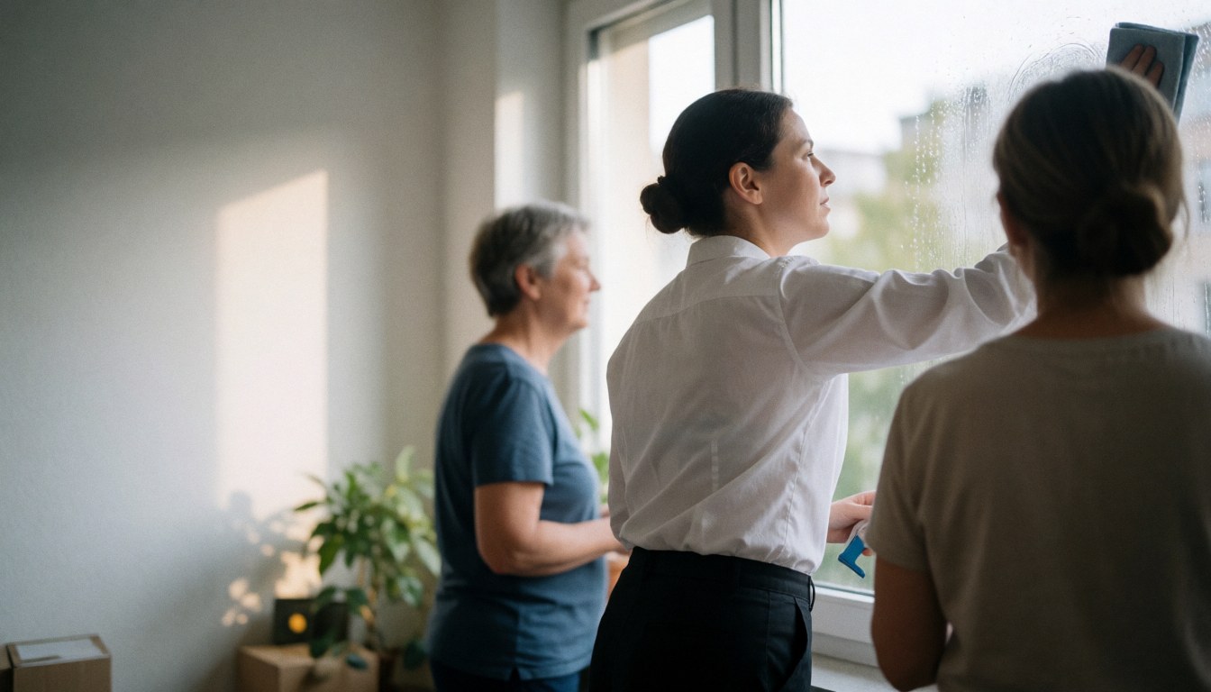 A woman cleans a large window using a cloth and brush while two other people stand in the blurred background of a bright room.