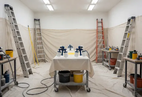 Professional painting workspace featuring sprayers, ladders, and protective coverings for interior painting services