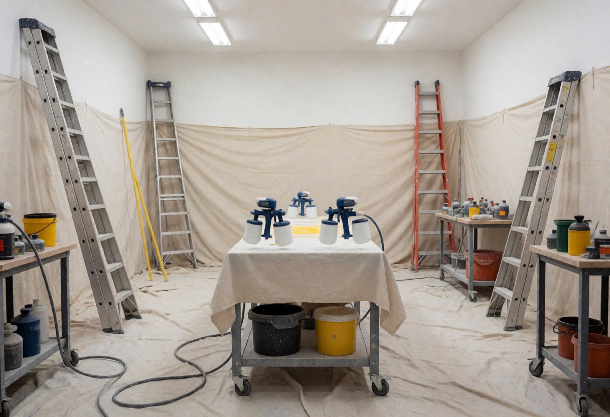 Professional painting workspace featuring sprayers, ladders, and protective coverings for interior painting services
