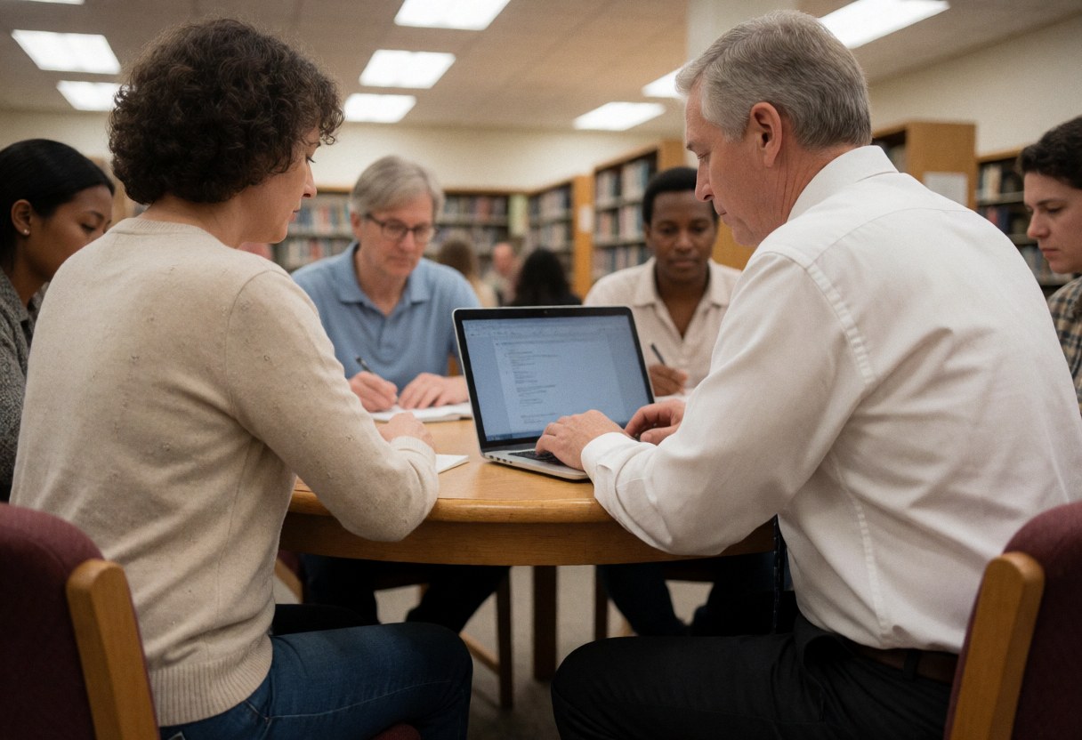 A professor assists a student working on a laptop at a library table with bookshelves in the background