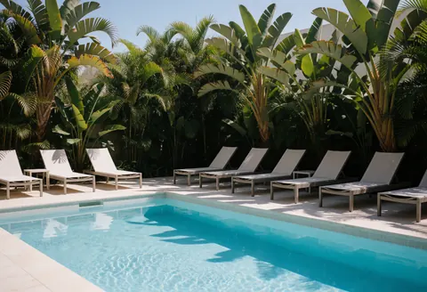 Hotel pool surrounded by palm trees and lush greenery under bright sunlight with white lounge chairs