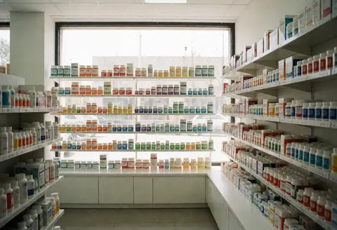 Clean pharmacy interior featuring organized medicine shelves, bright windows with natural light, and a minimalist design.