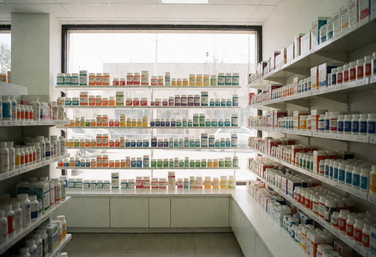 Clean pharmacy interior featuring organized medicine shelves, bright windows with natural light, and a minimalist design.