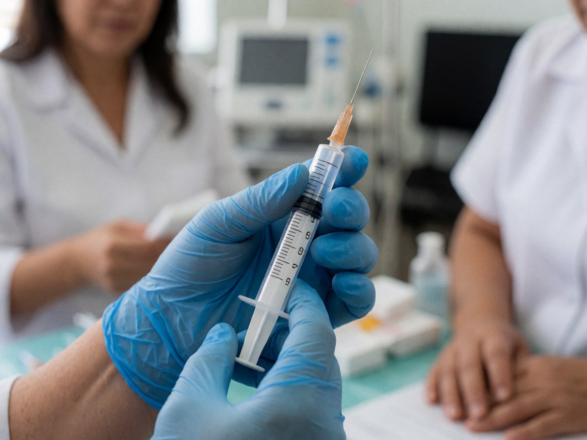 Close-up of gloved hand holding a medical syringe with blurred clinical equipment in the background