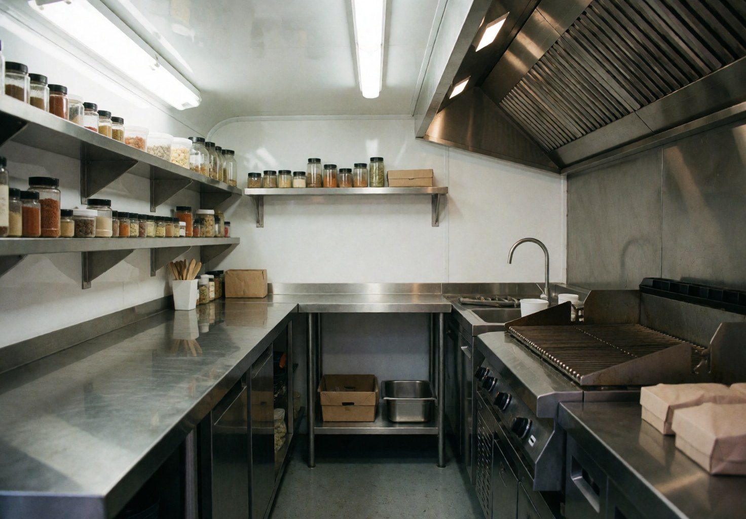 Bright interior of a food truck kitchen featuring a stove, spice shelves, and shiny stainless steel surfaces