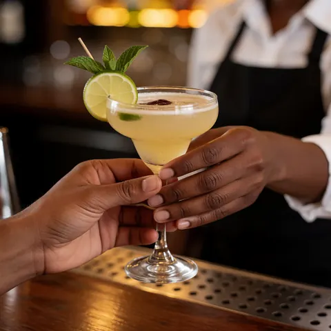Close-up of hands delivering a fresh cocktail with lime and mint to a customer in a warmly lit bar with a blurred background.