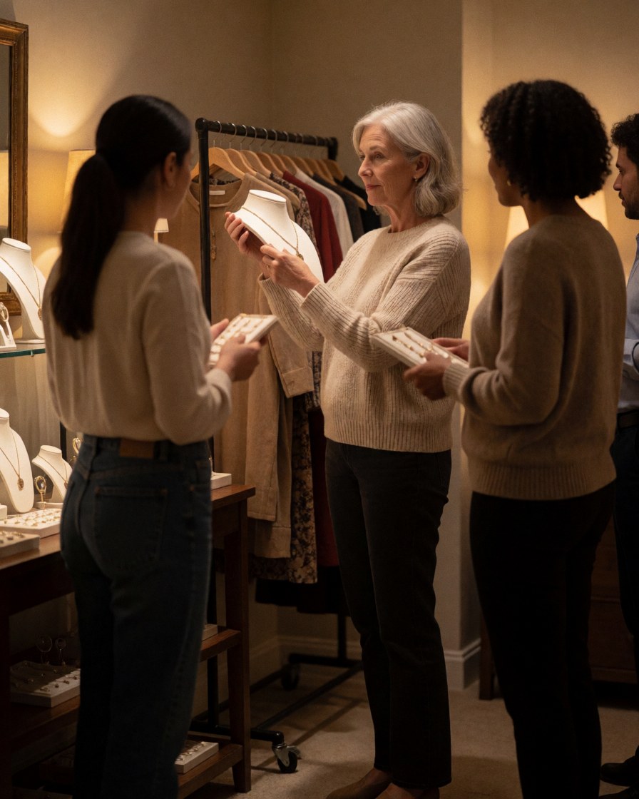 An older woman tries on a necklace in a clothing store surrounded by racks and other shoppers in a warm atmosphere