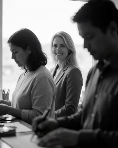Smiling female real estate agent working at a desk with other professionals in an office with natural light from a window