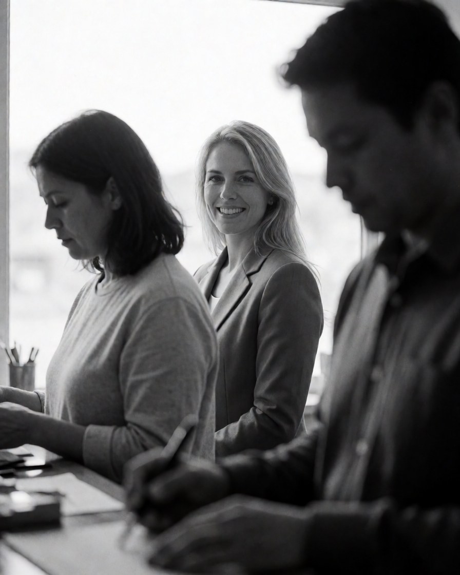 Smiling female real estate agent working at a desk with other professionals in an office with natural light from a window