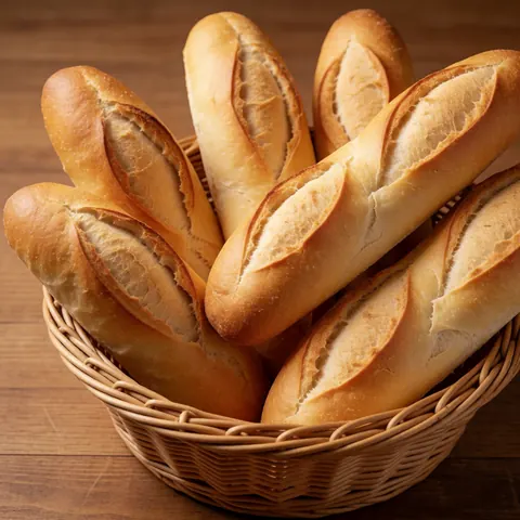 Fresh baguettes with golden crust in a wicker basket on a wooden table with warm lighting