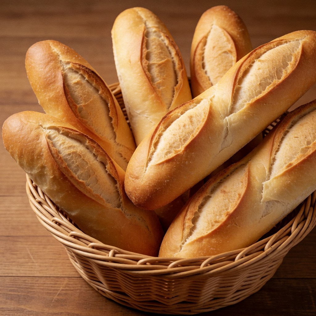 Fresh baguettes with golden crust in a wicker basket on a wooden table with warm lighting