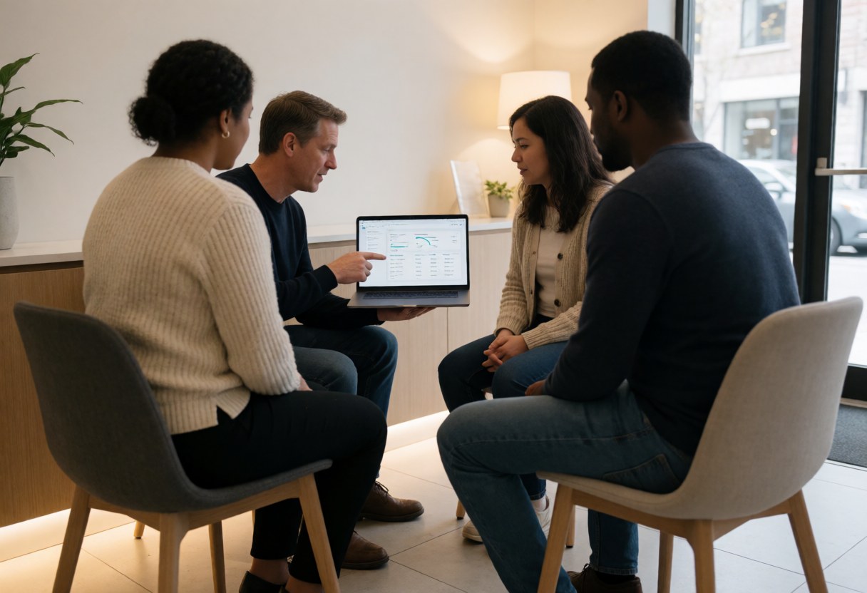 Four people in a modern reception meeting, one points to data on a laptop while others watch attentively.