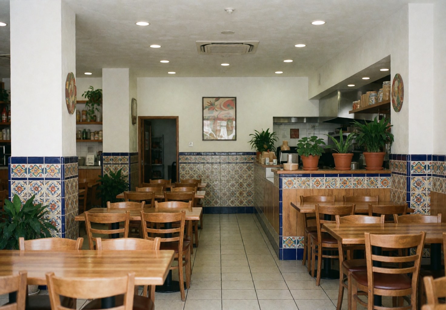 Clean and cozy restaurant interior featuring wooden tables, colorful tiles, and decorative plants.