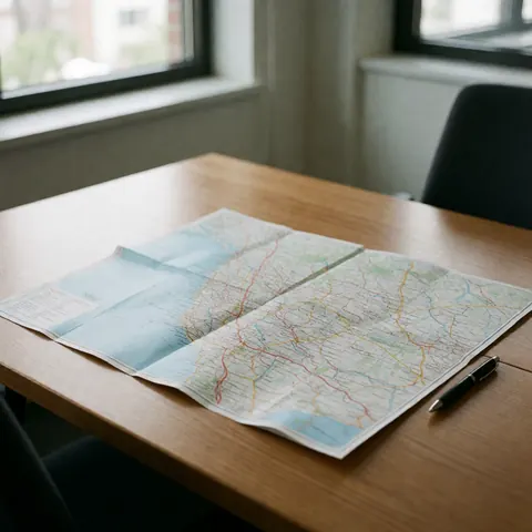 Unfolded travel map on a wooden table with a pen near a window with natural light, ideal for travel agencies.