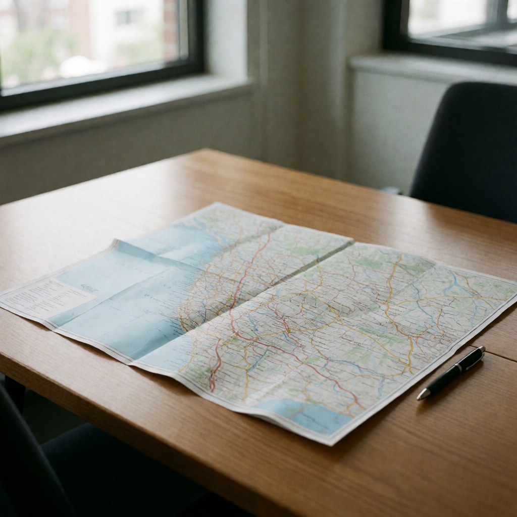 Unfolded travel map on a wooden table with a pen near a window with natural light, ideal for travel agencies.
