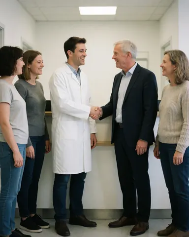 A doctor and an older man shake hands in a clinic corridor surrounded by smiling medical staff in a professional setting