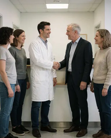 A doctor and a client shake hands while other professionals observe in a clinic.