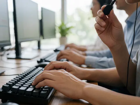 Close-up of hands typing on a mechanical keyboard while holding a headset microphone in an office with monitors and natural light