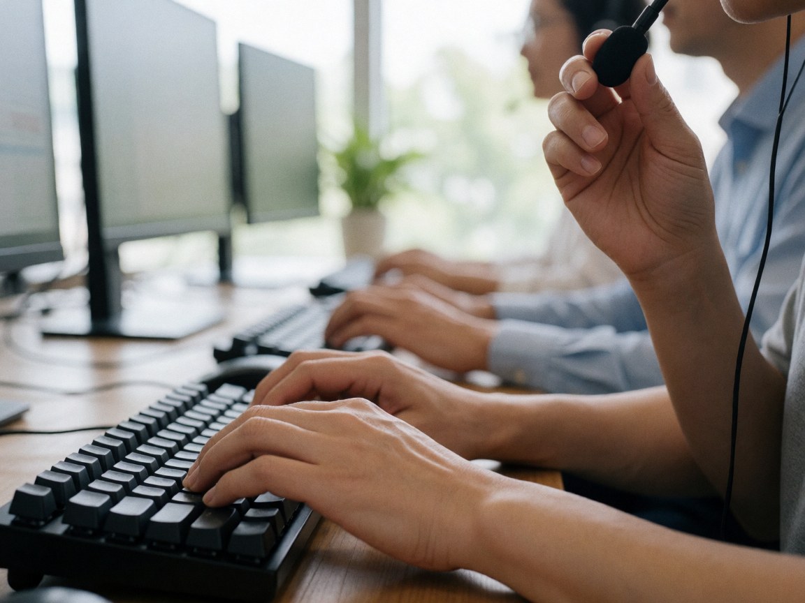 Close-up of hands typing on a mechanical keyboard while holding a headset microphone in an office with monitors and natural light