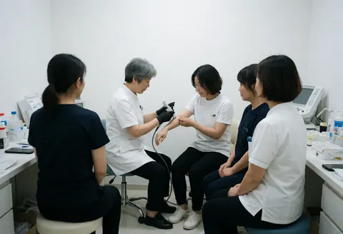 A professional aesthetician applies a skincare treatment to a client's arm in a clean clinical setting with staff observing.