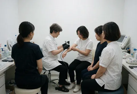 An esthetician applies an ultrasound treatment to a client's arm while other professionals observe.