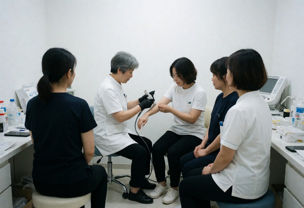 A professional aesthetician applies a skincare treatment to a client's arm in a clean clinical setting with staff observing.
