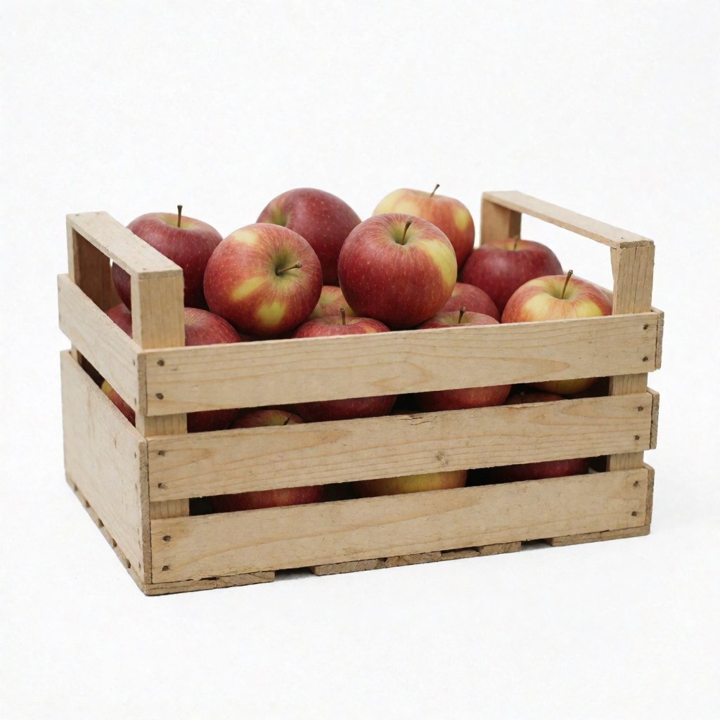 A wooden crate containing fresh red apples displayed against a clean white background for agricultural product use