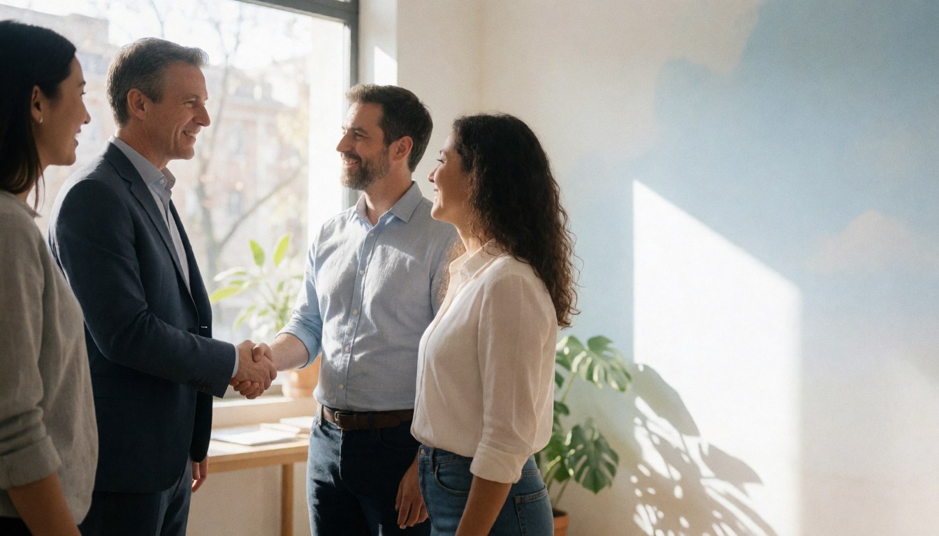 Two professionals shake hands in a bright modern office while two others watch with smiles, creating a warm and professional atmosphere.