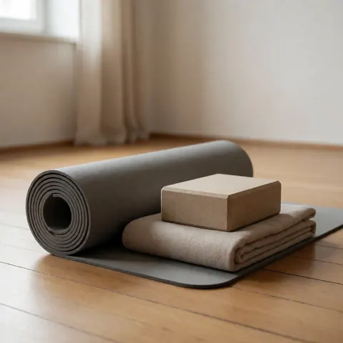A rolled yoga mat and wooden block resting on a folded blanket in a studio with wooden floors and soft natural light