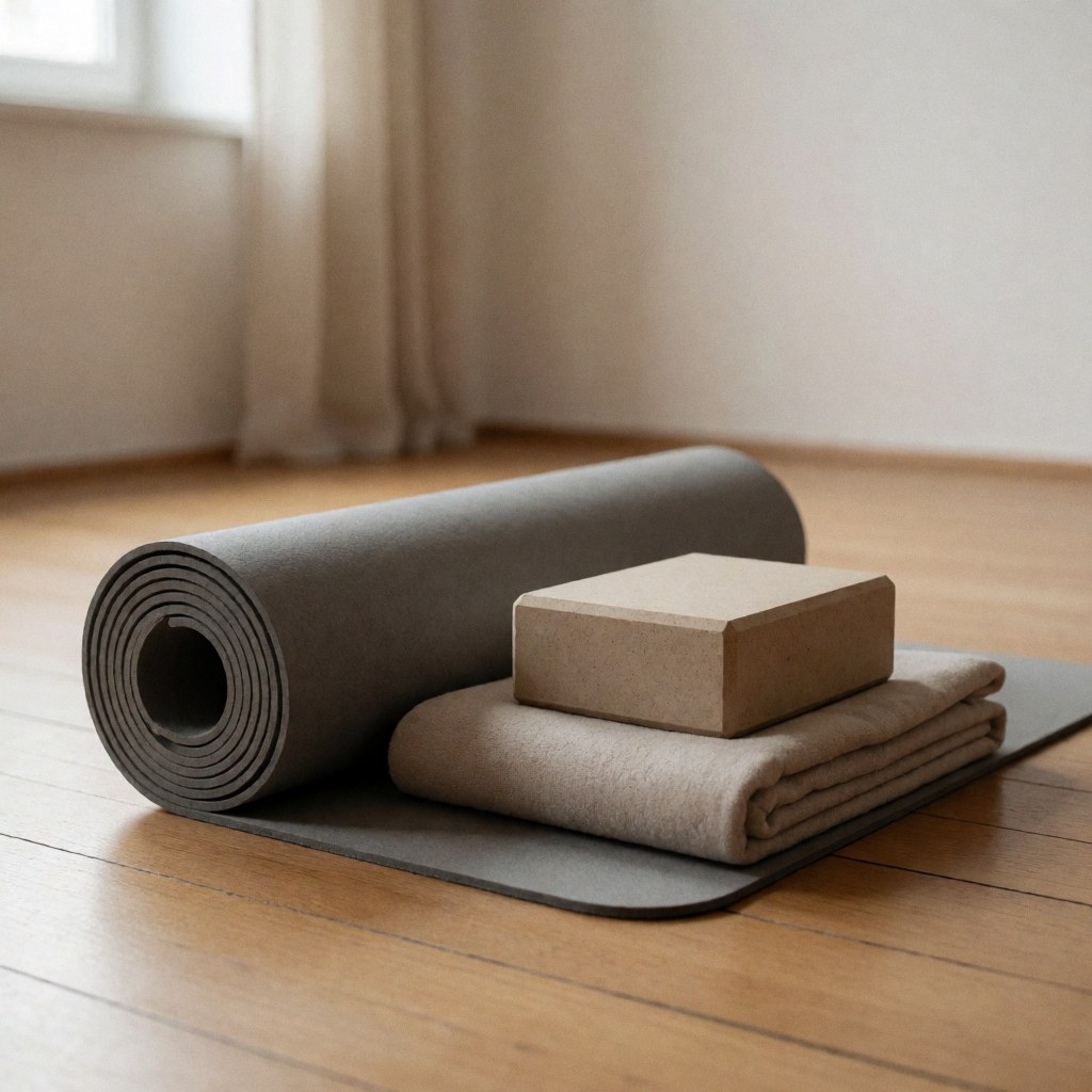 A rolled yoga mat and wooden block resting on a folded blanket in a studio with wooden floors and soft natural light